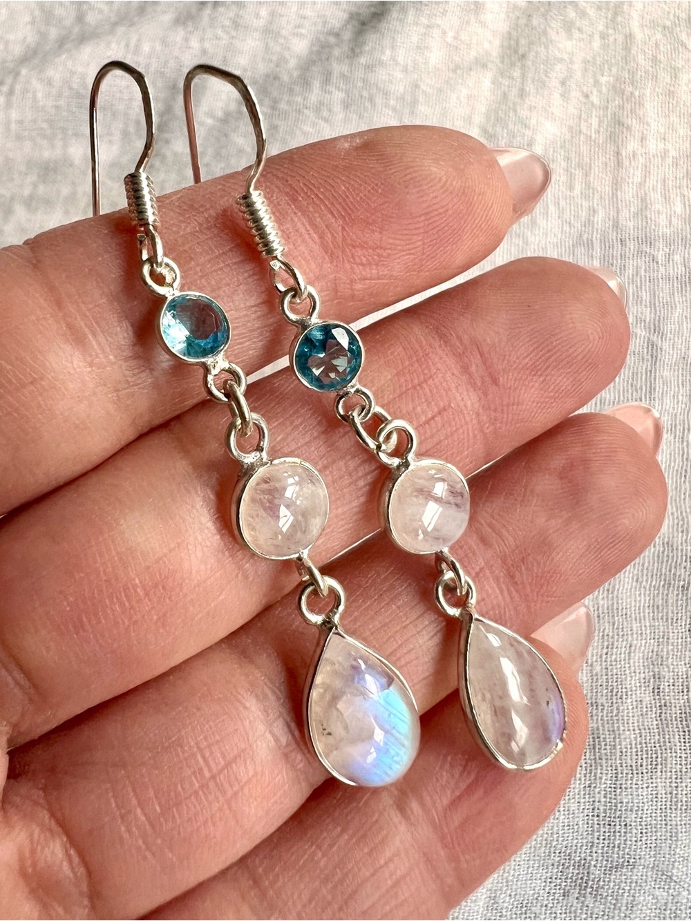 925 YOU CHOOSE! ANGELIC Flash Moonstone + Blue Topaz Long Dainty Earrings